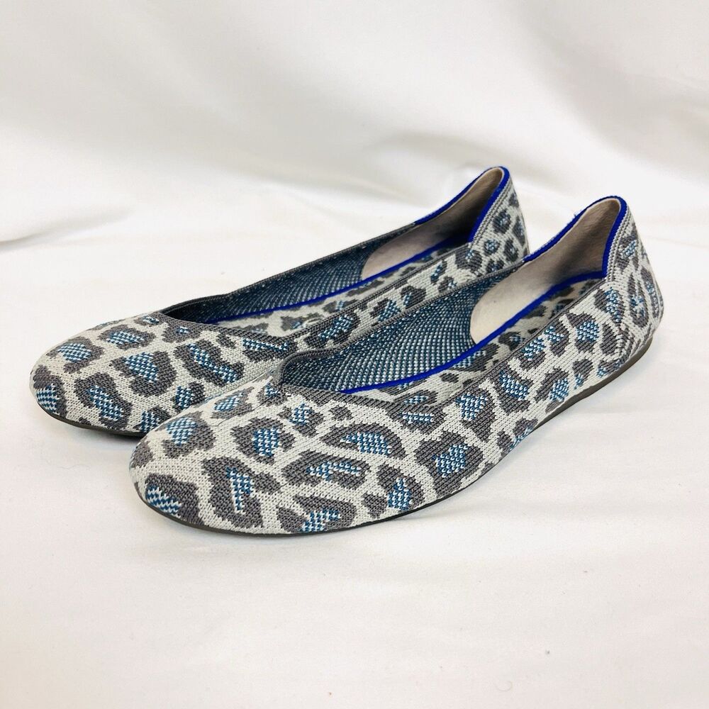 Rothys The Flat Grey Blue Comfort Chic Leopard Animal Print Ballet Flats Size 10